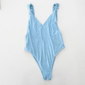 Womens SheIn One Piece Bathing Suit Monokini Ruffle Deep Plunge Small Light Blue